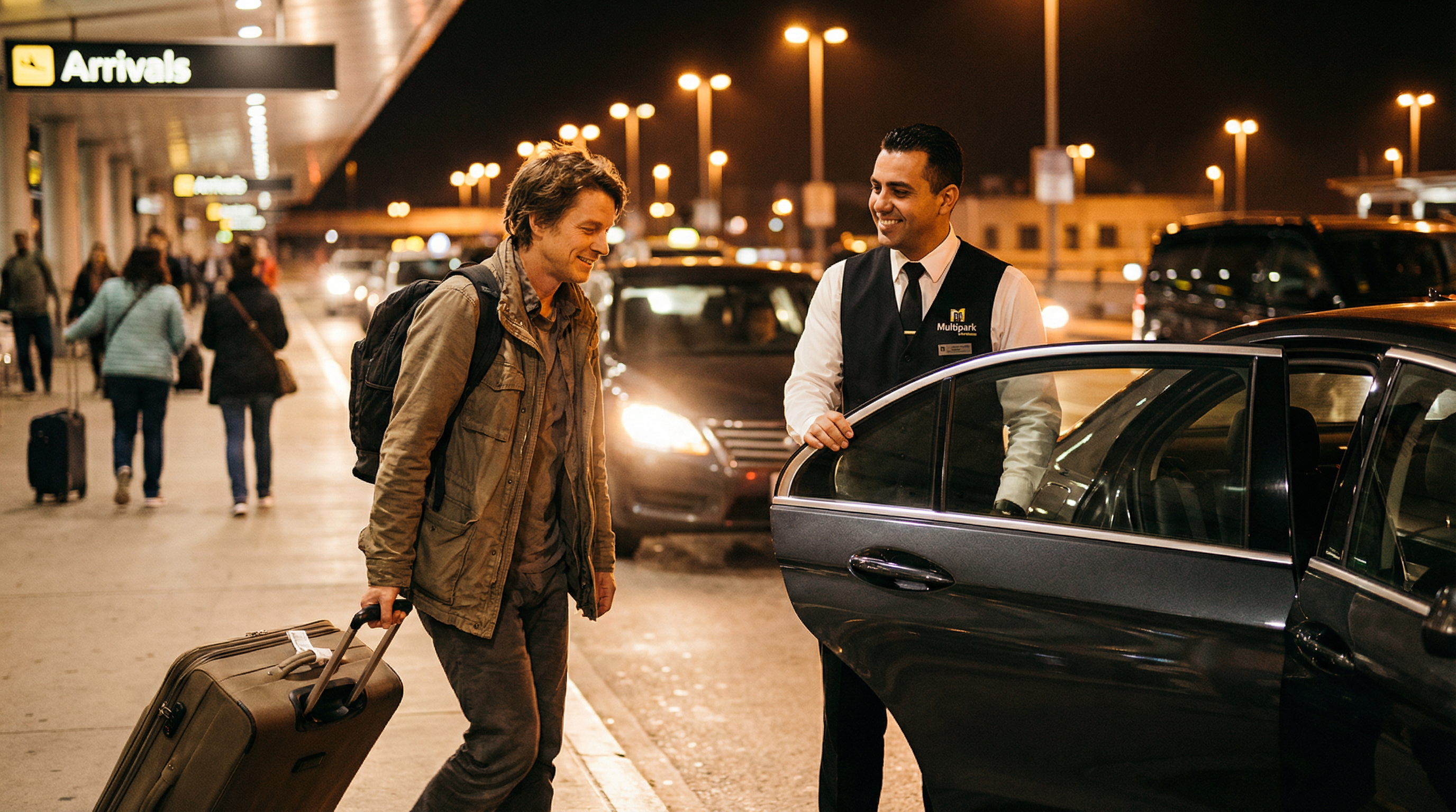 Valet Parking: Um viajante com ar cansado mas aliviado, a arrastar a sua mala à saída das Chegadas à noite, enquanto o motorista da Multipark lhe abre a porta do seu próprio carro