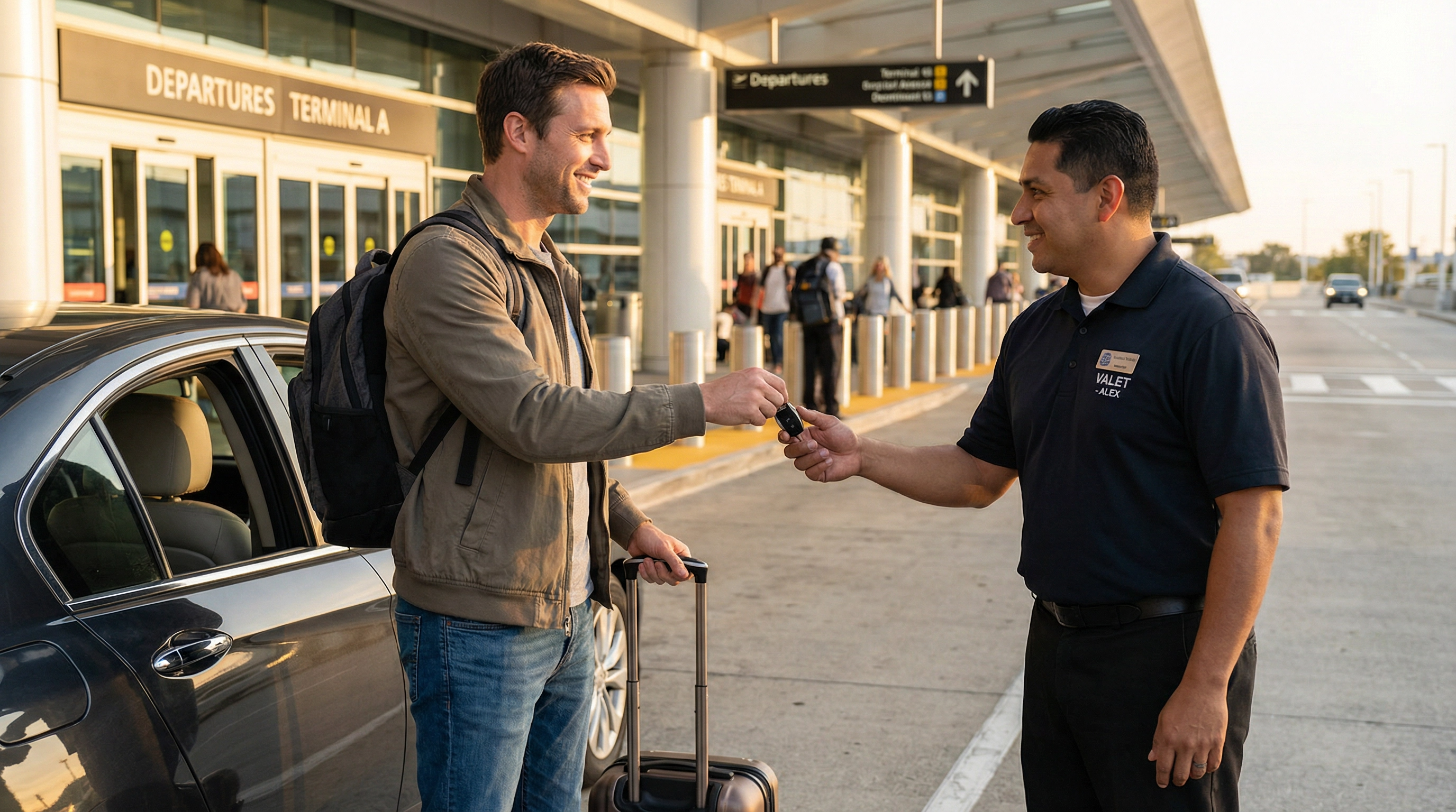 Valet Parking: condutor a entregar as chaves do carro a um motorista profissional e sorridente, mesmo à porta das Partidas do aeroporto