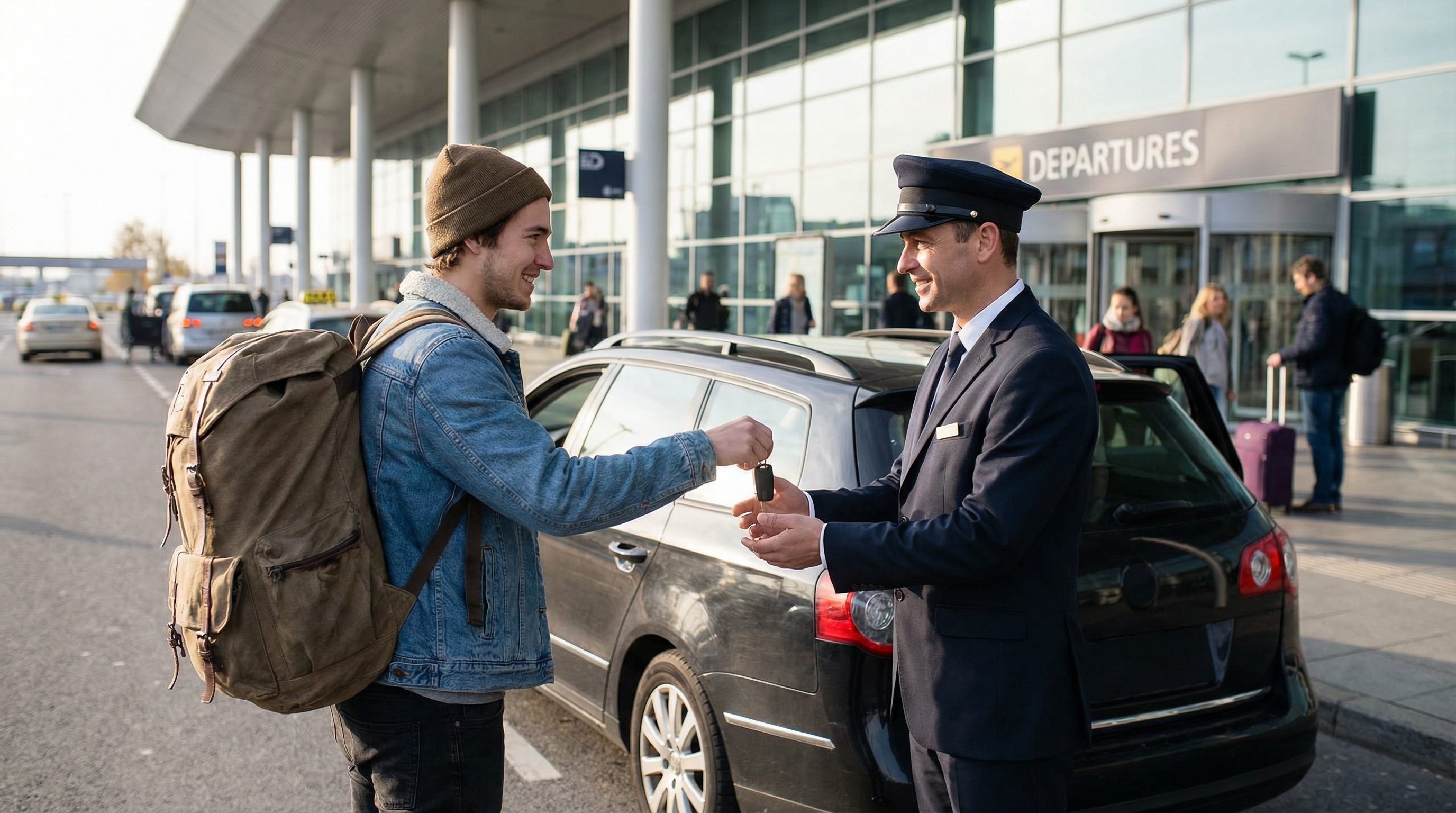 Valet Parking Mochilão: Viajante com um mochilão grande a entregar as chaves do carro a um motorista da Multipark sorridente, na zona de Partidas do aeroporto, de madrugada/manhã cedo