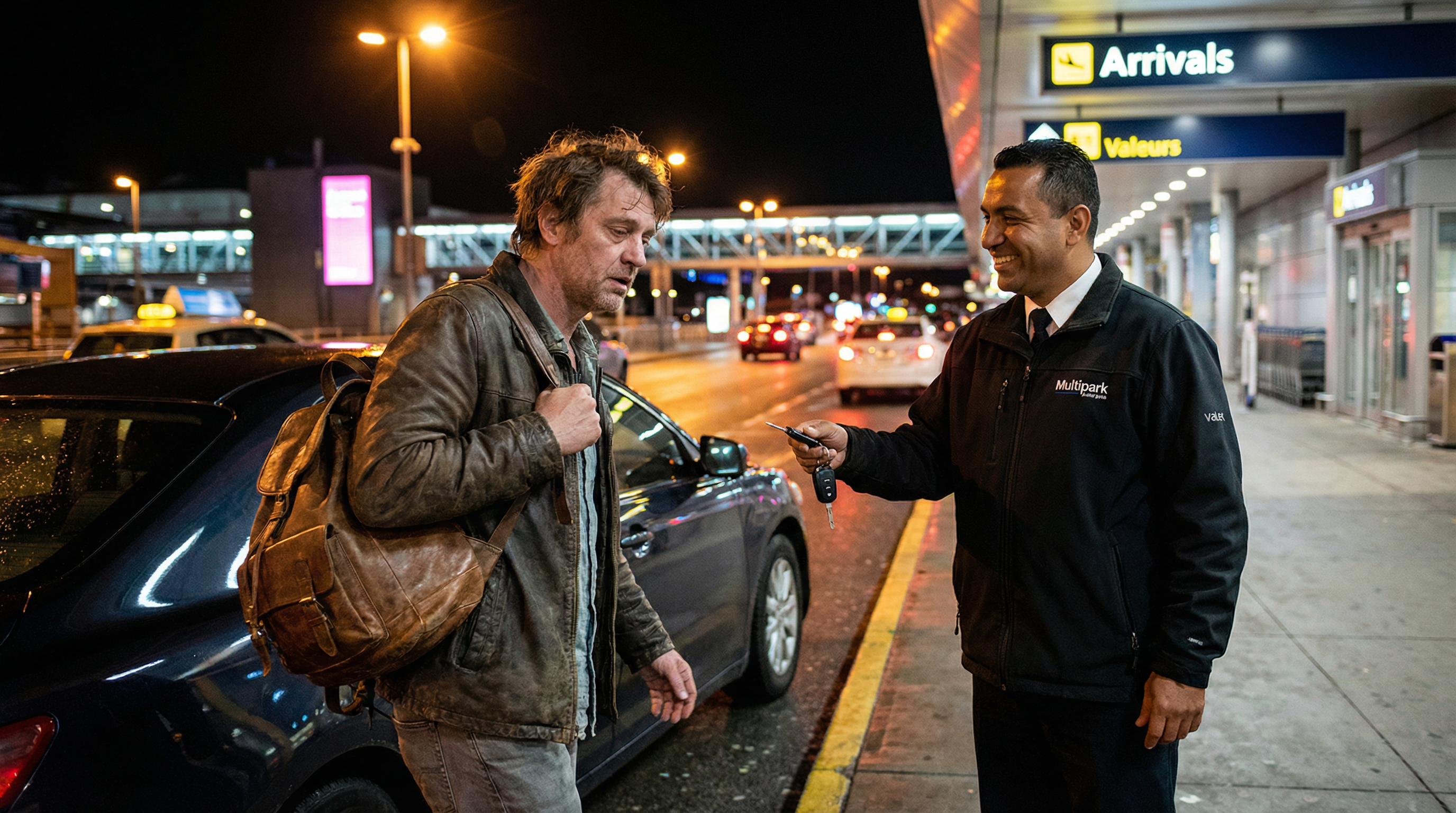 Valet Parking: Viajante cansado e visivelmente sem bagagem de porão (apenas com uma pequena mochila de costas) a sair das Chegadas do aeroporto à noite, a ser recebido com um sorriso e a chave do seu carro pelo motorista da Multipark