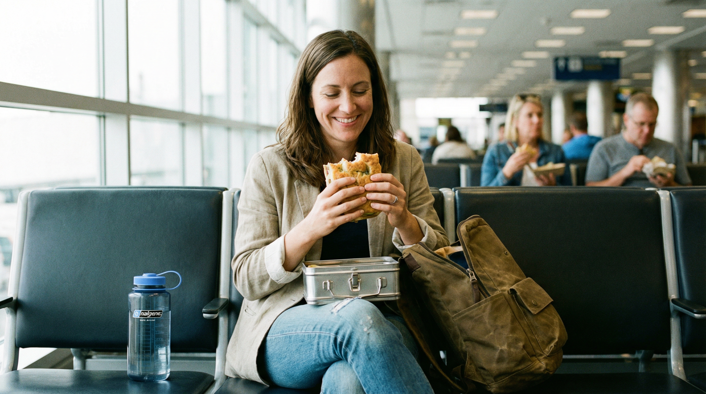 Dica: Um viajante inteligente sentado na zona de embarque a comer uma sandes de aspeto delicioso que trouxe de casa, com a sua garrafa de água reutilizável cheia ao lado