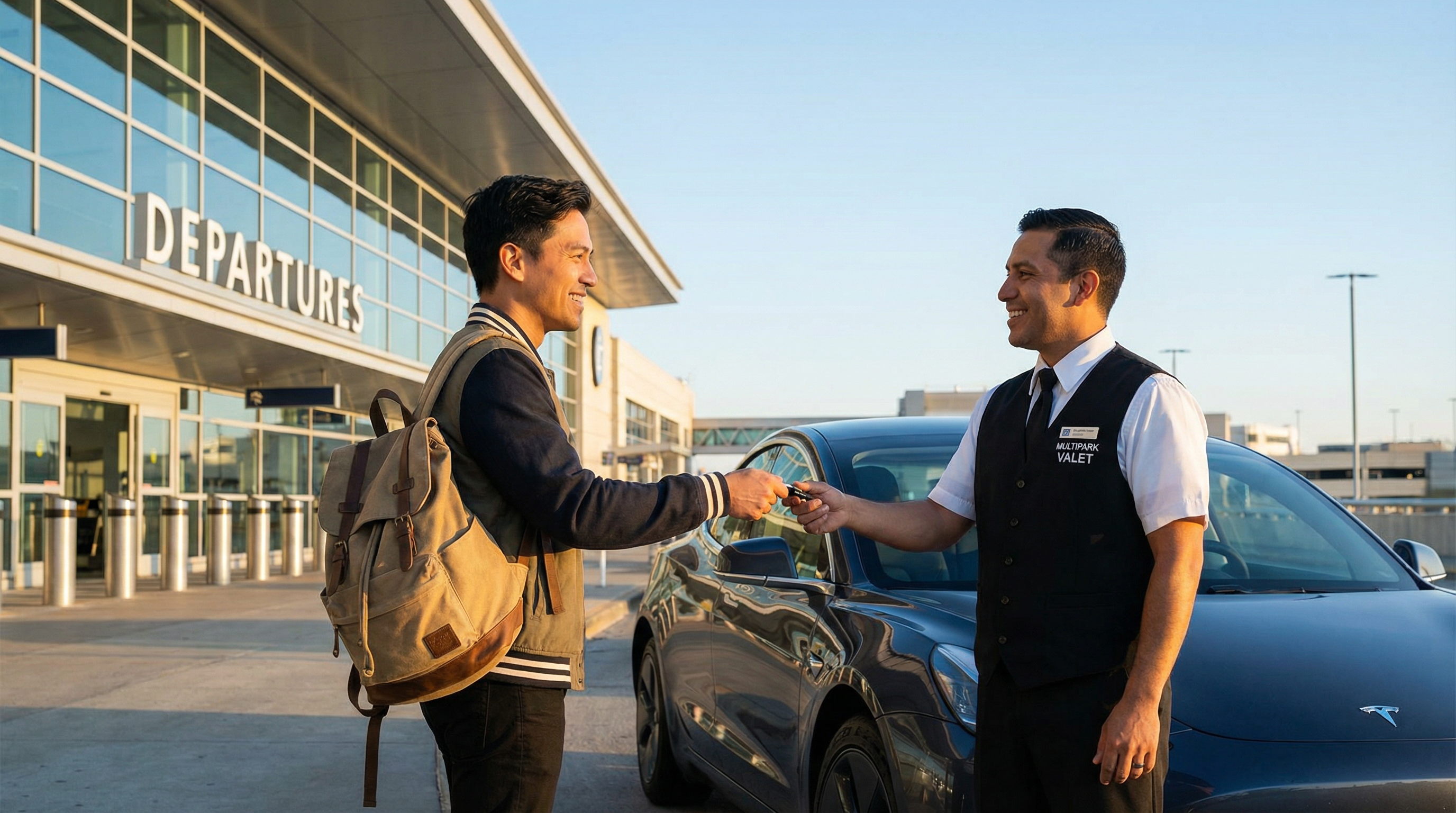 Valet Partidas: O viajante  génio financeiro  a chegar às Partidas no seu próprio carro, a entregar as chaves ao motorista da Multipark com um sorriso de quem poupou imenso dinheiro