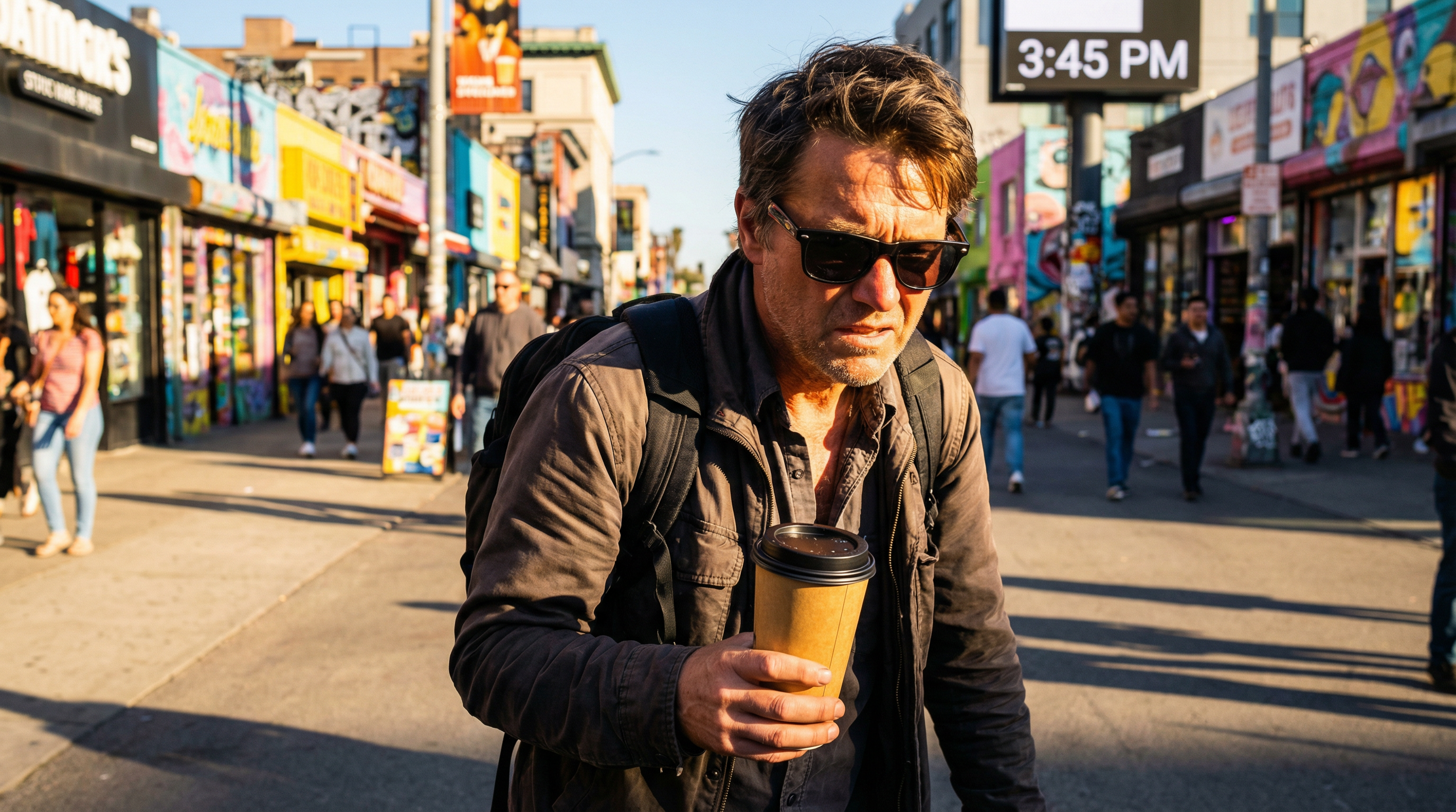 Dica: Um viajante de óculos escuros a caminhar ao sol numa rua vibrante, a beber um café take-away para se forçar a manter acordado
