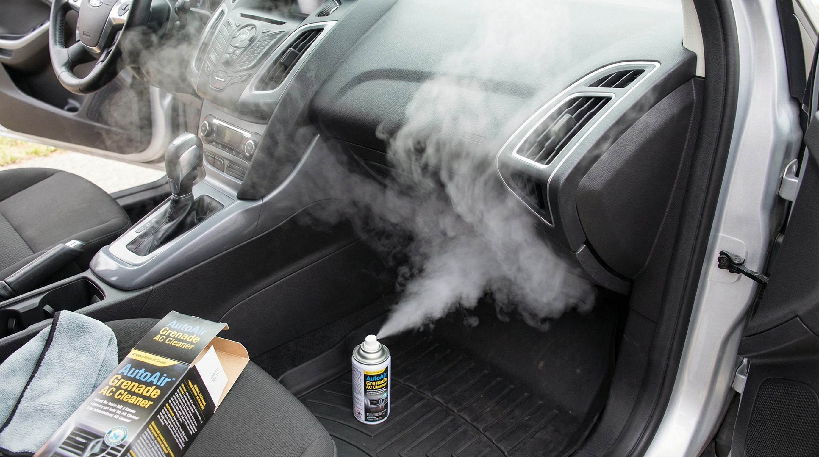 Dica: Um close-up de uma lata de spray higienizador (a  granada ) ativada no chão do lado do pendura, com o nevoeiro branco espesso a sair e a espalhar-se pelo habitáculo do carro.