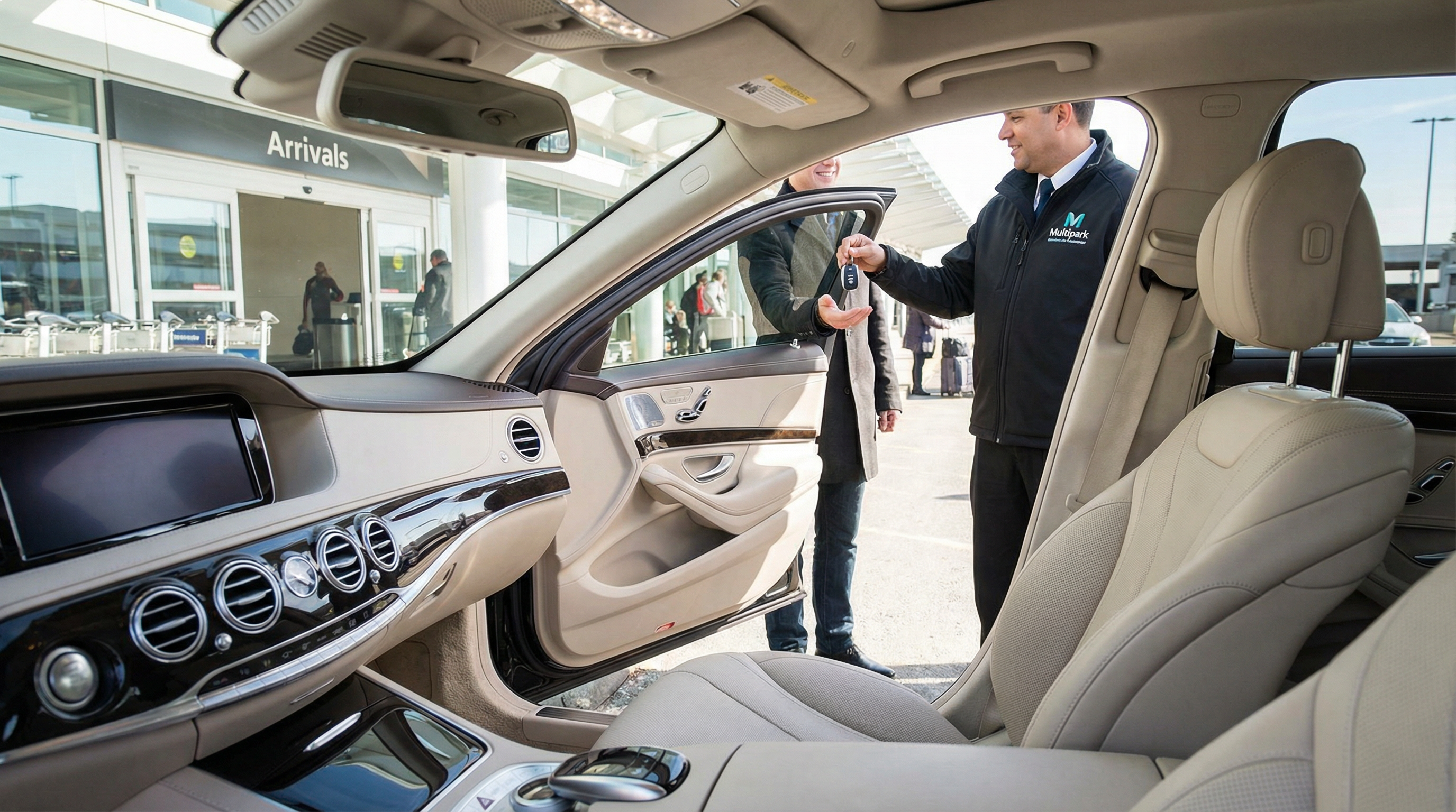 Serviço Extra: O interior de um carro impecavelmente limpo e a brilhar, enquanto o motorista da Multipark entrega as chaves ao cliente nas  Arrivals  do aeroporto.