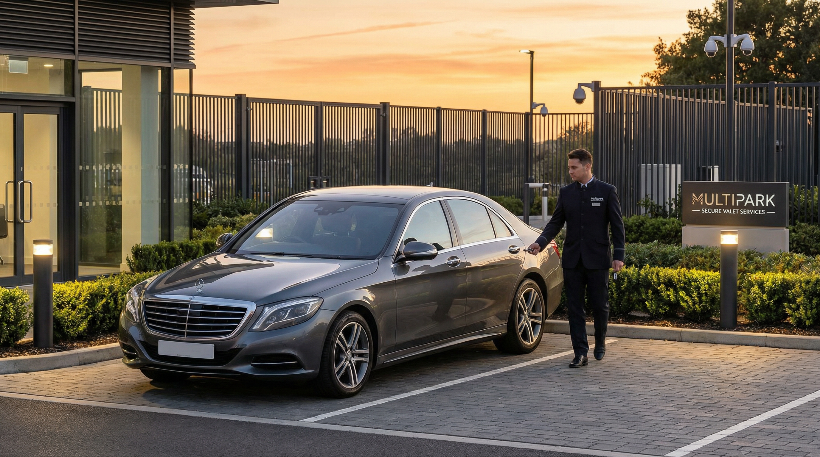 Valet Parking: Um carro limpo e brilhante estacionado num parque de estacionamento seguro, vedado e bem iluminado (o  hotel de 5 estrelas ), com um motorista da Multipark a caminhar por perto