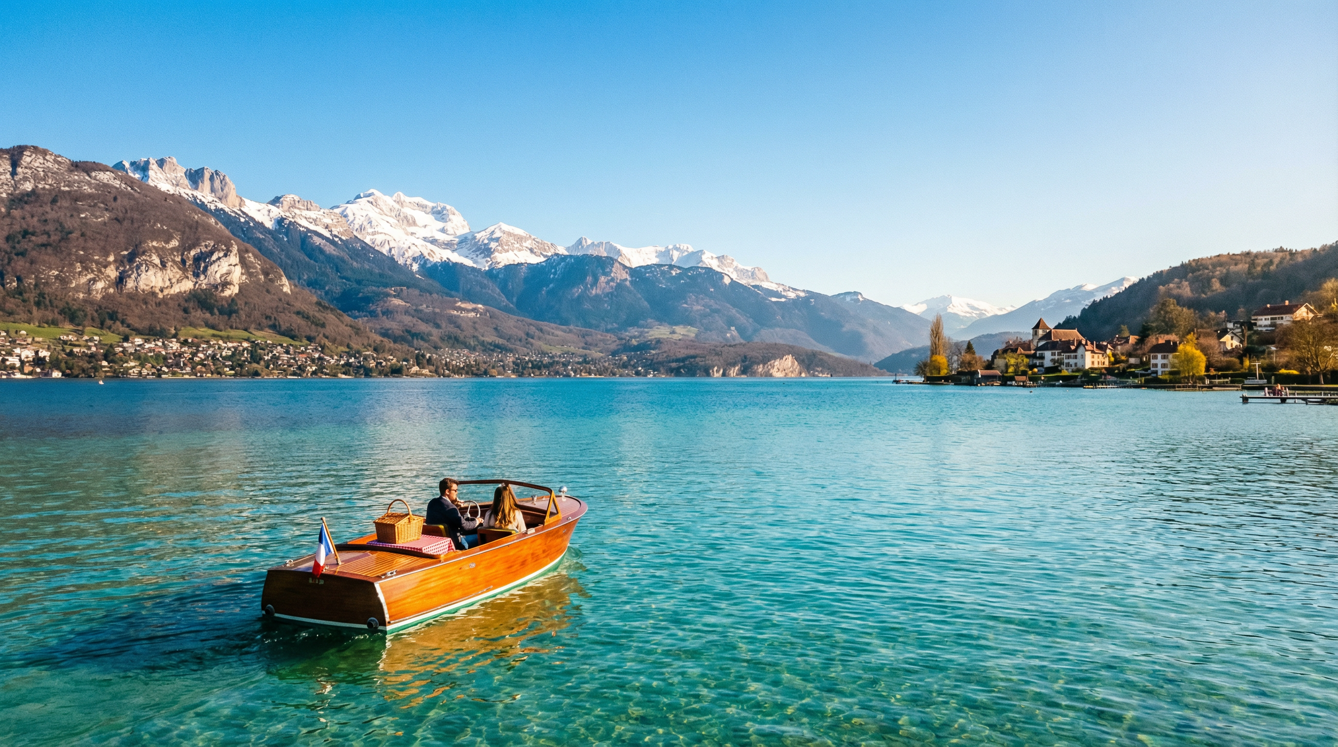 Dica: Uma vista deslumbrante e romântica do lago de Annecy com as montanhas dos Alpes ao fundo e as águas cristalinas