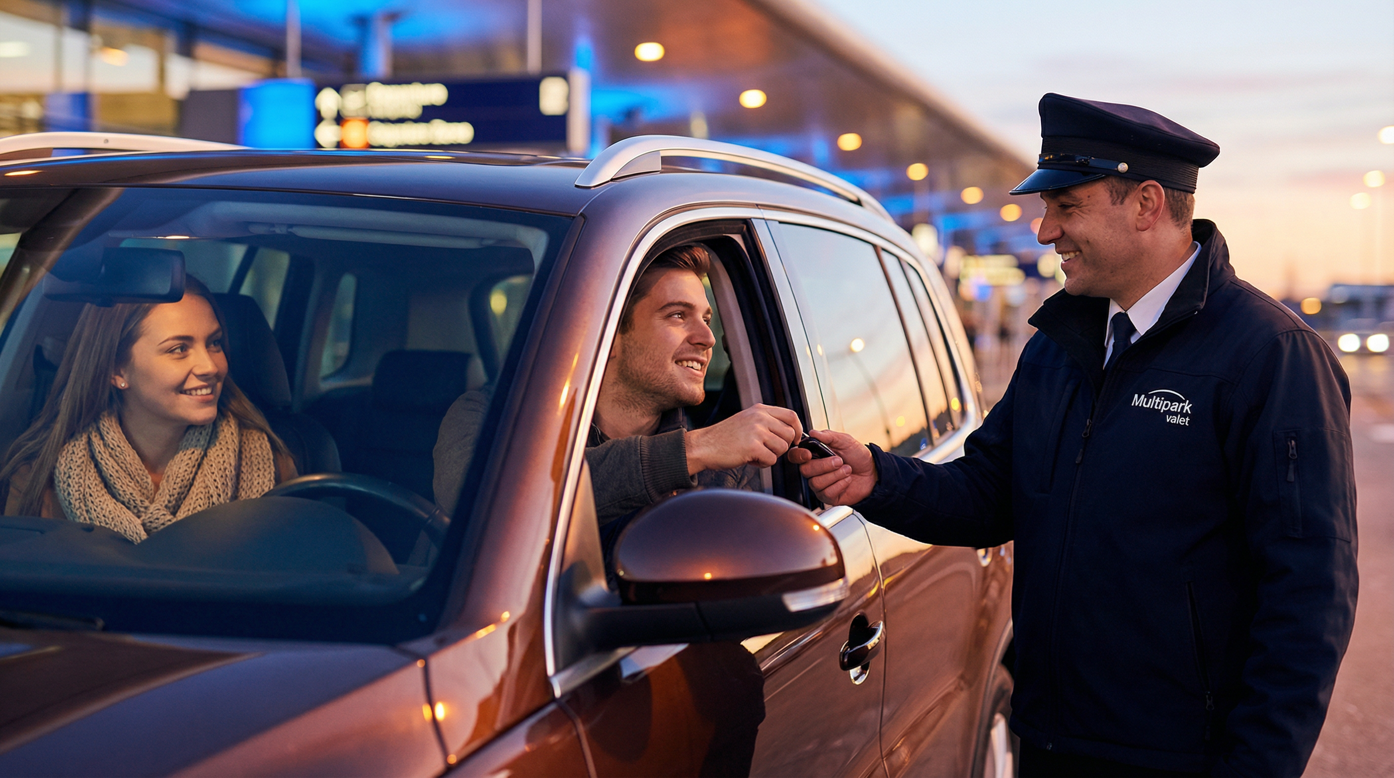 Valet Parking: Um casal relaxado e sorridente a chegar ao aeroporto de madrugada, a entregar a chave do carro quentinho ao motorista da Multipark