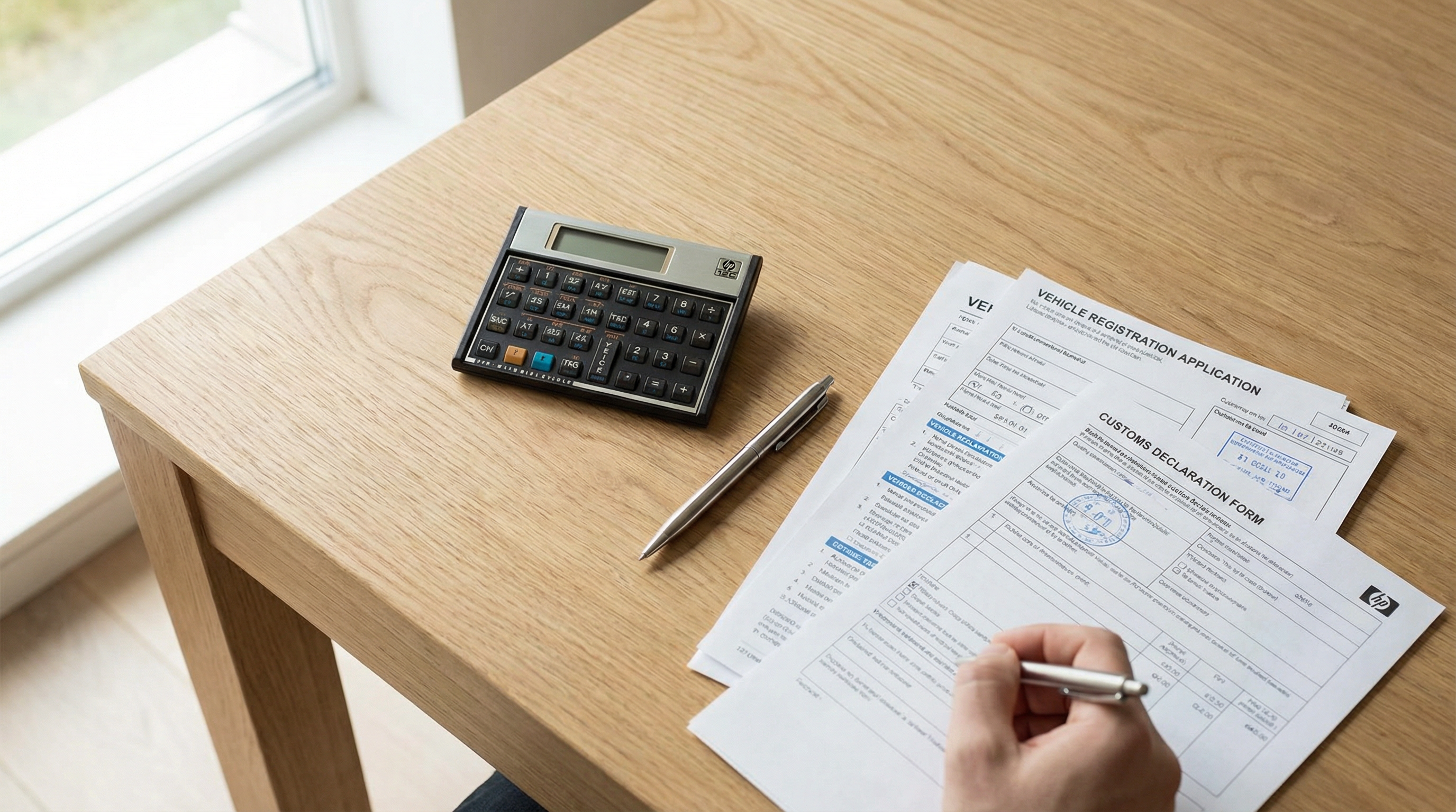 Dica: Perspetiva de cima de uma secretária com uma máquina de calcular, caneta e documentos de alfândega/registo automóvel, simbolizando as  contas do ISV 