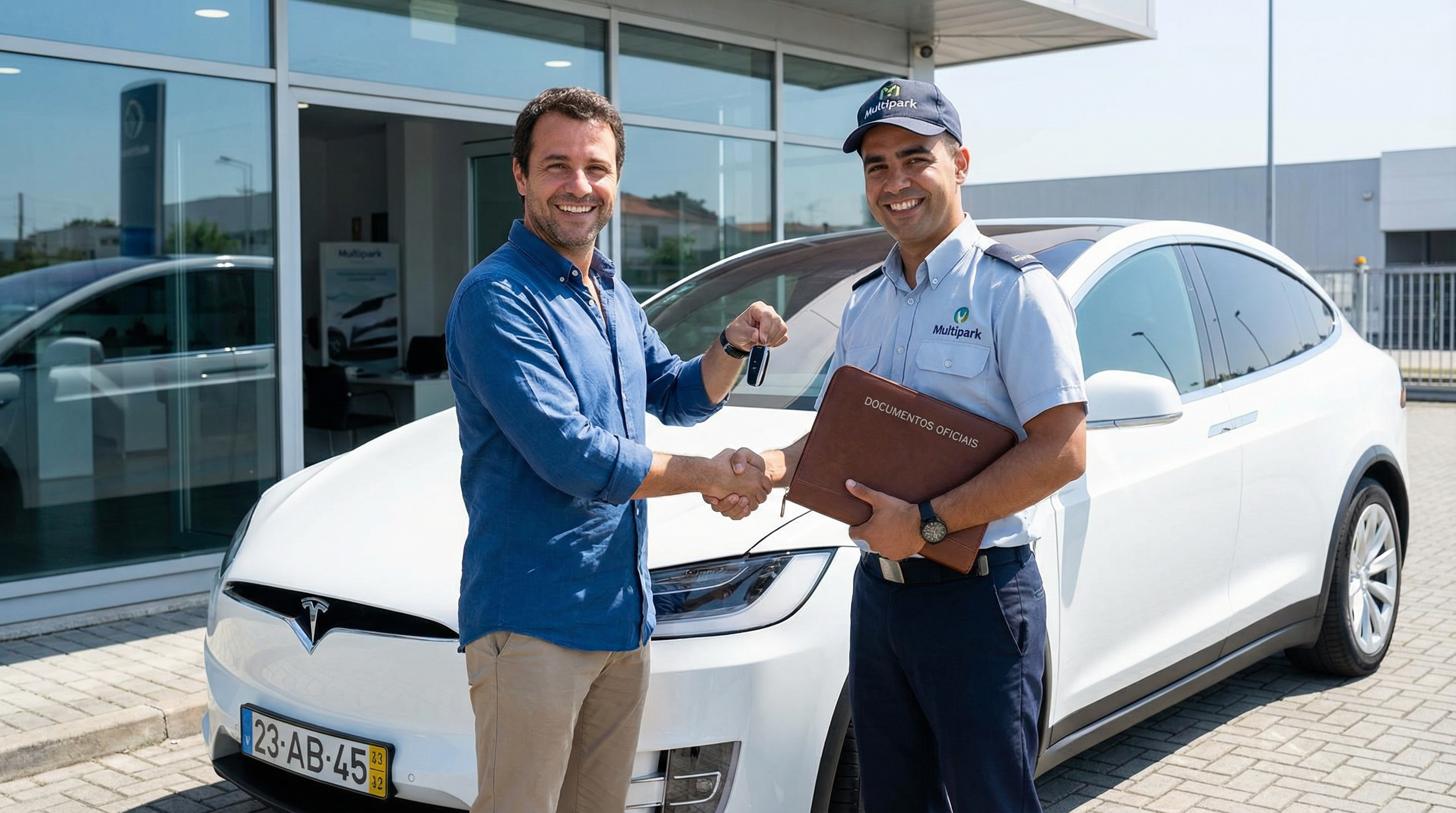 Legalização: Um cliente a sorrir, encostado a um Tesla Model X branco acabado de importar (com matrícula nova), a receber a chave e a pasta com a documentação de um funcionário da Multipark