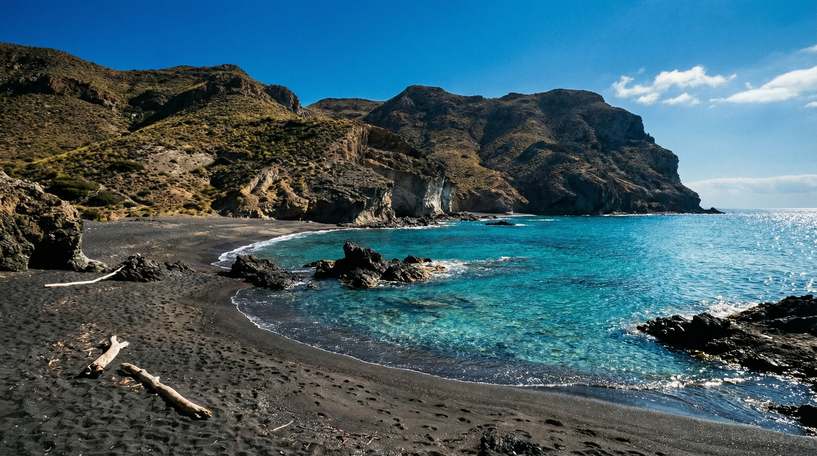 Destino: Uma praia vulcânica virgem no Cabo de Gata, com areia escura, falésias áridas e água cristalina, sem multidões