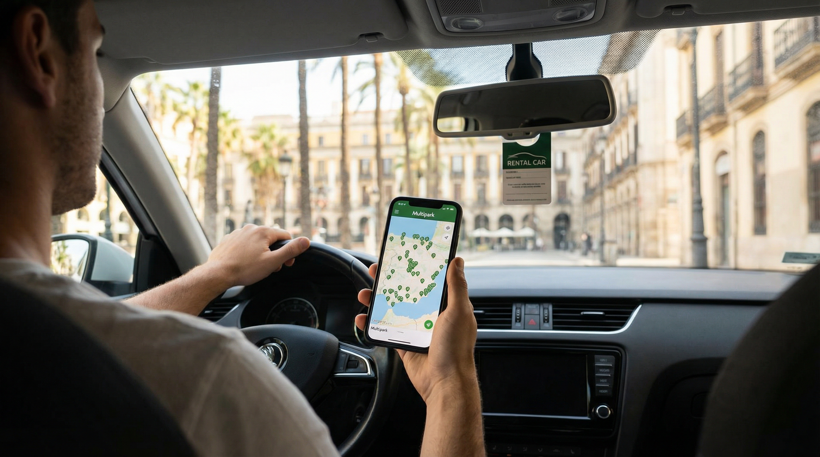 Serviço Internacional: O ecrã de um telemóvel na mão de um condutor, a mostrar a app da Multipark com um mapa de Espanha e pins verdes de estacionamento disponíveis