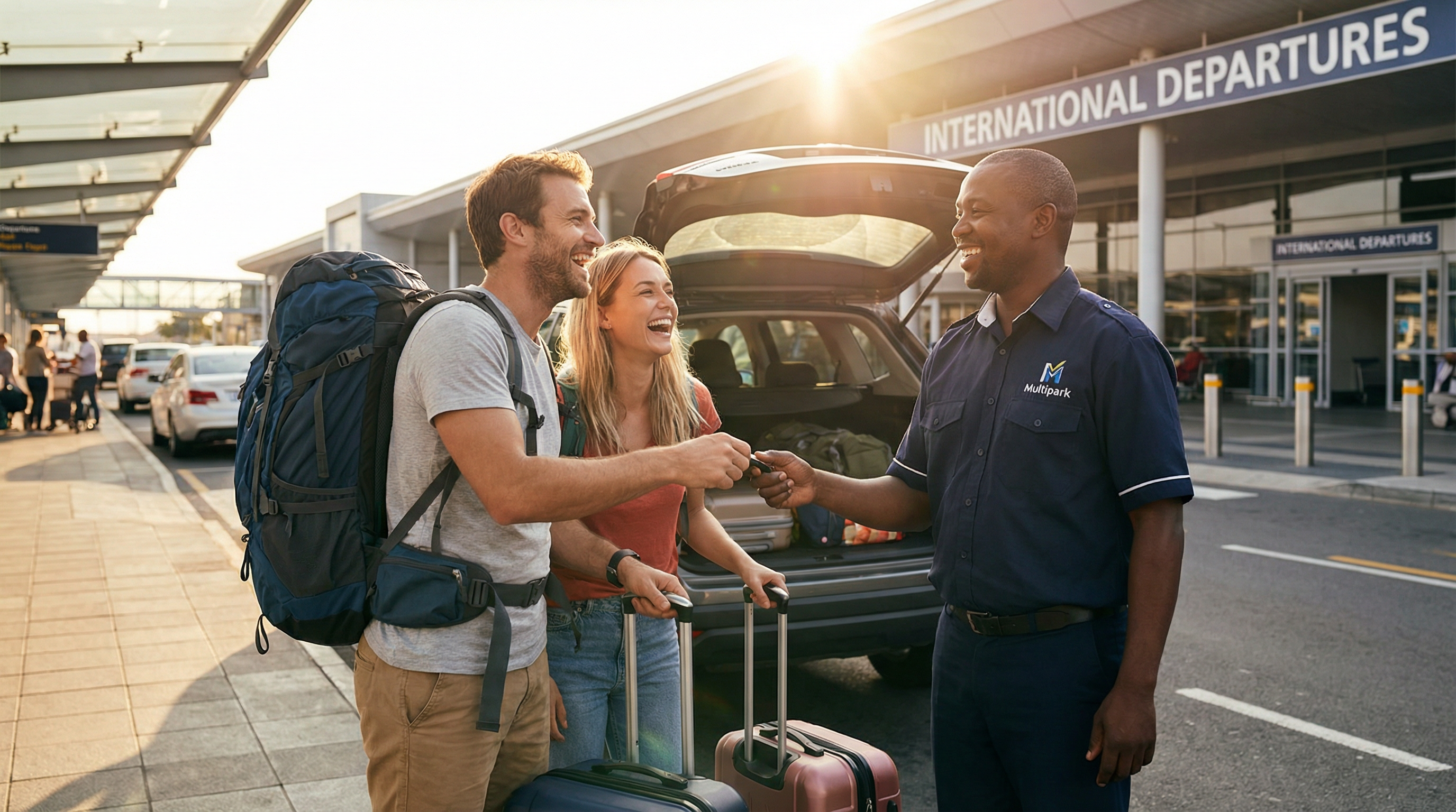 Valet Parking para Roadtrips: Casal com malas a entregar a chave do seu carro ao motorista da Multipark nas Partidas do aeroporto, prontos para voar